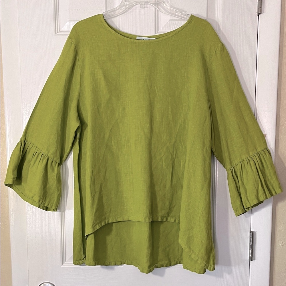 Bryn Walker Fran chartreuse green lite linen top 3/4 bell sleeve high low XL